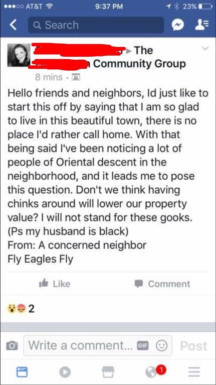 Facebook post of white woman married to a black man complaining about Chinese moving into their neighborhood.