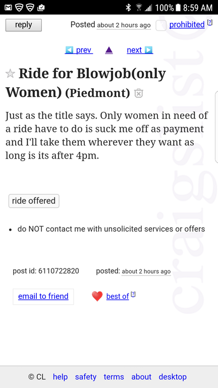 Craigslist fail of some one offering to give women a free ride in exchange for BJ, but only after 4pm. You really gotta wonder what happens before 4 pm.