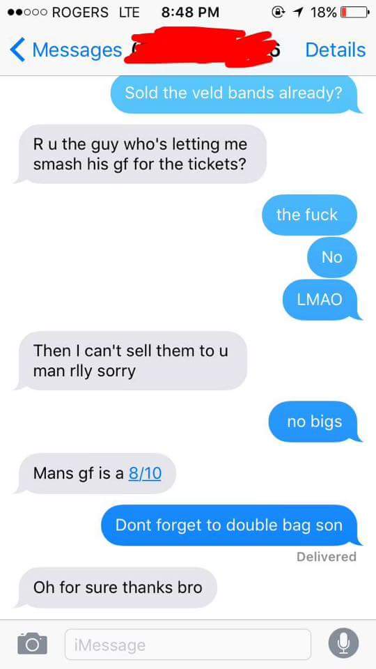 Text exchange to wrong number of guy who was promised he could smash his GF in exchange for tickets.