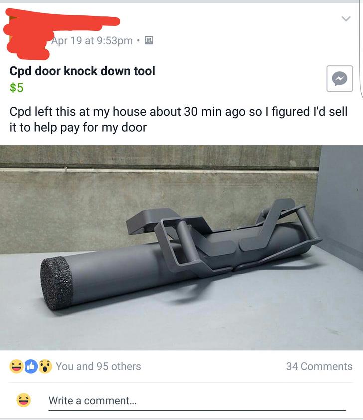 Man selling a CPD Door Knock Down Tool after they knocked down his door by accident and then forgot the tool behind.