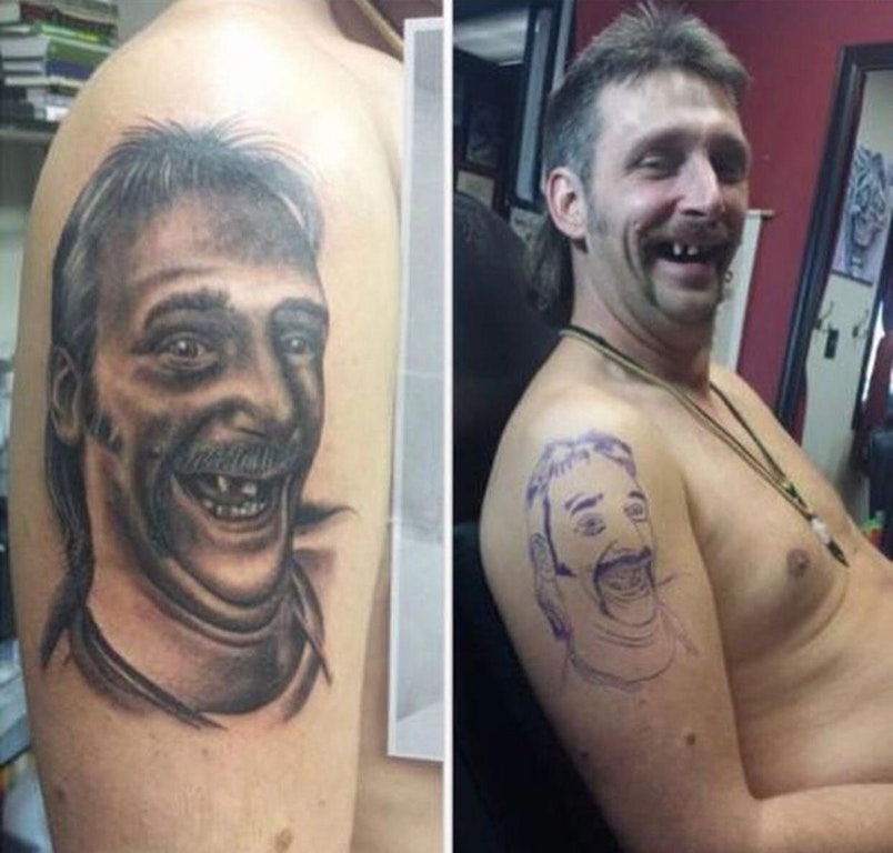 Man with toothless smile with tattoo of himself on his arm.