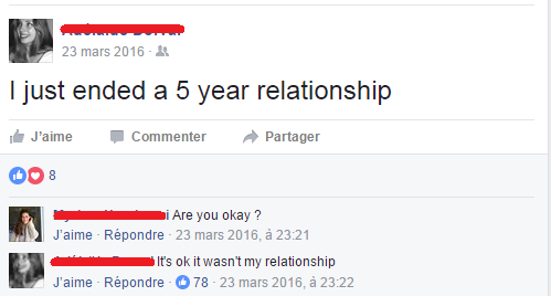Facebook post of girl saying she just ended a 5 year relationship, someone asks if she is OK and she clarifies that it was not her relationship that she broke up.