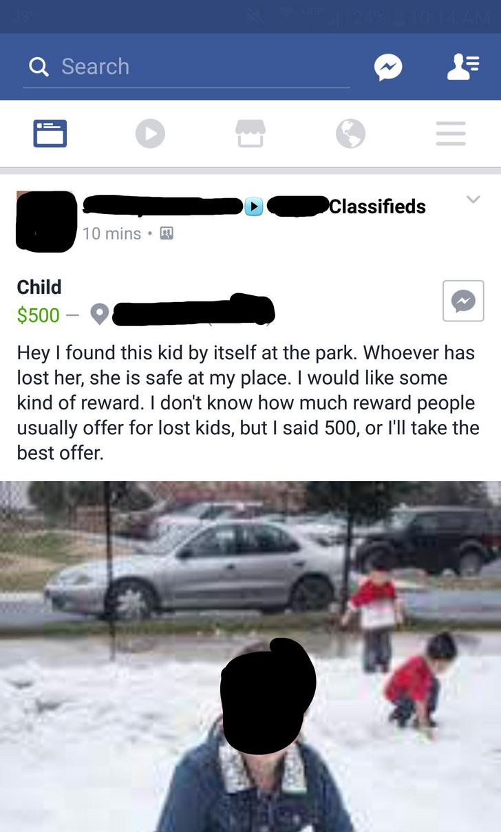Facebook post of someone who found a kid at the park and is asking for a reward/ransom of $500