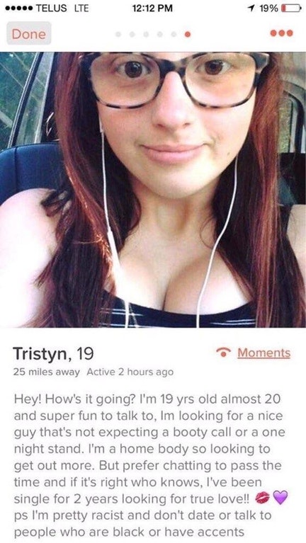 Tinder profile for Tristyn who seems nice from her profile other than she is a total racist