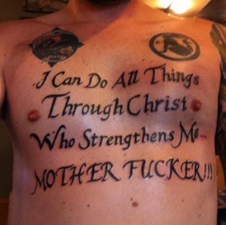 Religious meth addicts gets a tattoo on his chest.