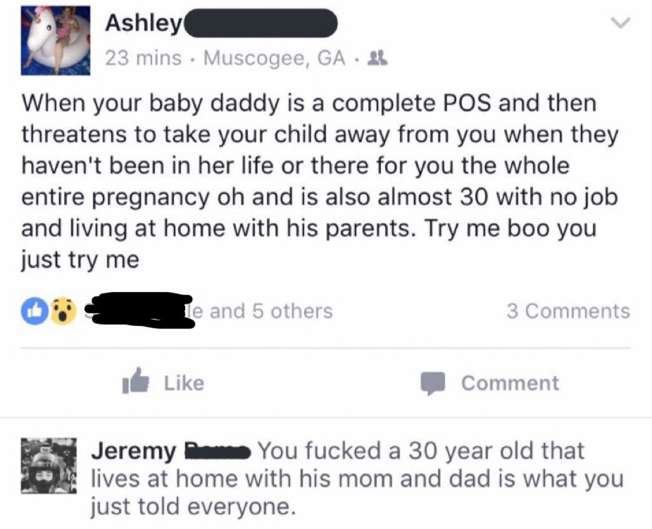 Facebook post of woman ranting about her baby daddy that has no job etc