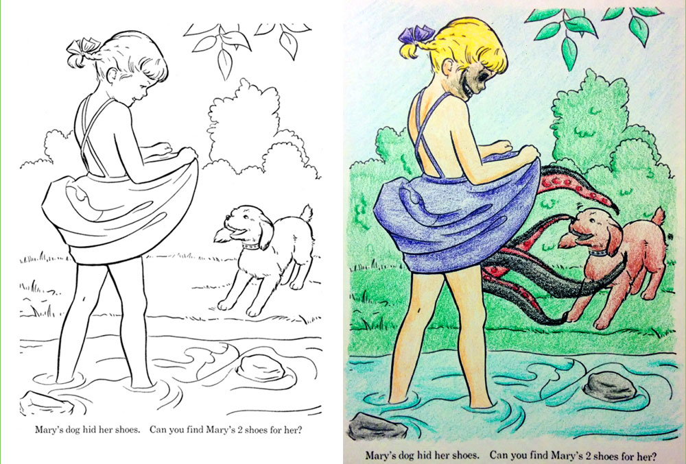 children coloring book - A Mary's dog hid her shoes. Can you find Mary's 2 shoes for her? Mary's dog hid her shoes. Can you find Mary's 2 shoes for her?