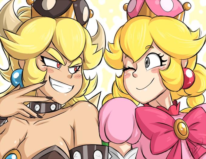 Bowsette and Peachette smiling at each other 