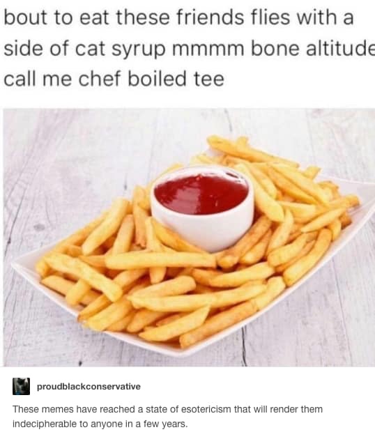 bon appetit meme - bout to eat these friends flies with a side of cat syrup mmmm bone altitude call me chef boiled tee proudblackconservative These memes have reached a state of esotericism that will render them Indecipherable to anyone in a few years.