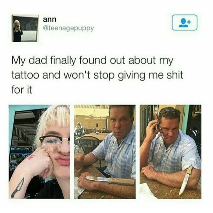 Sunday meme with a dad making fun of his kid's knife tattoo