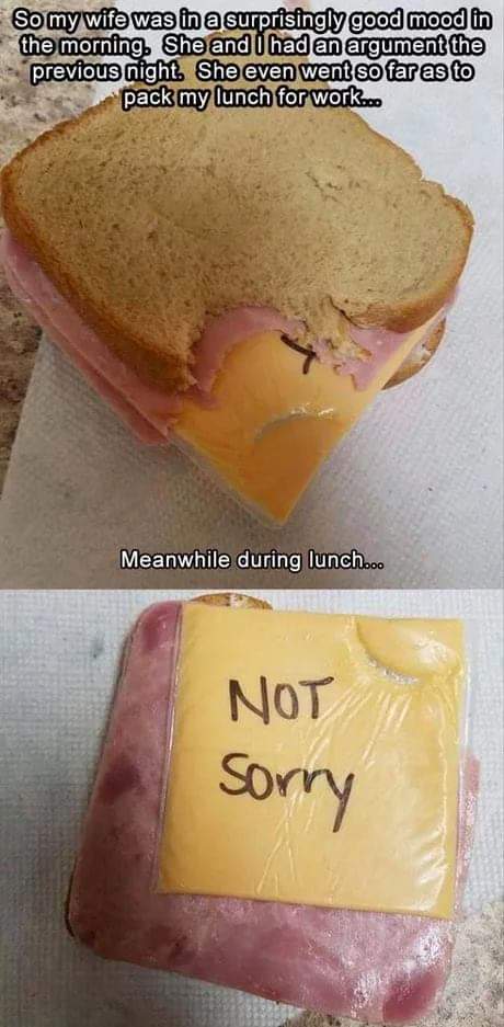 sandwich was not made with love - So my wife was in a surprisingly good mood in the morning. She and I had an argument the previous night. She even went so far as to pack my lunch for work... Meanwhile during lunch... Not Sorry