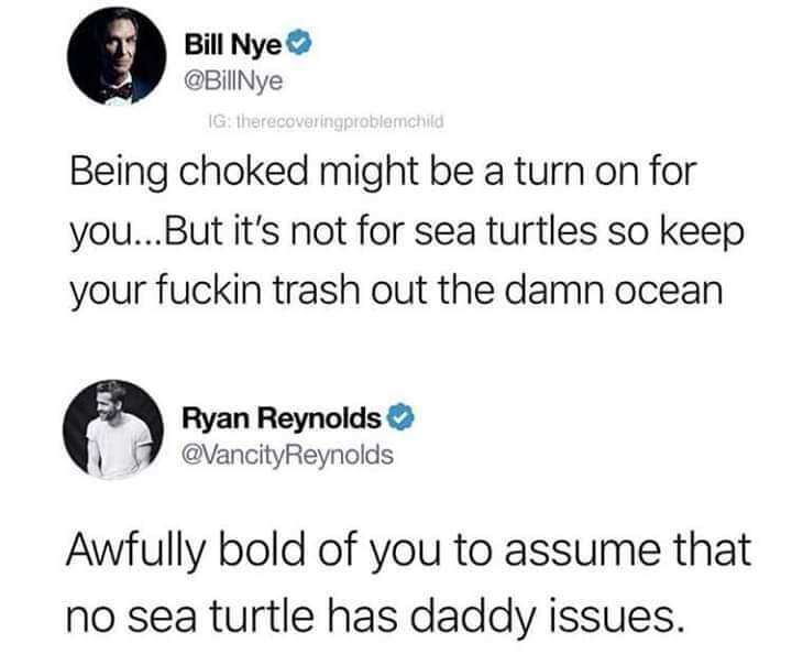 you might like getting choked but turtles don t - Bill Nye Ig. therecoveringproblemchild Nye Being choked might be a turn on for you...But it's not for sea turtles so keep your fuckin trash out the damn ocean Ryan Reynolds Awfully bold of you to assume th