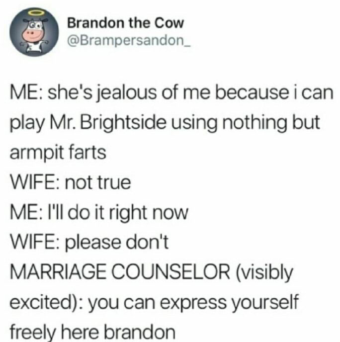 mr brightside memes - Brandon the Cow Me she's jealous of me because i can play Mr. Brightside using nothing but armpit farts Wife not true Me I'll do it right now Wife please don't Marriage Counselor visibly excited you can express yourself freely here b