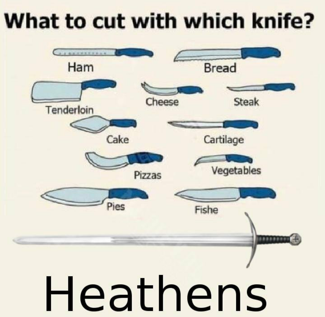 cut with which knife - What to cut with which knife? Ham Bread Cheese Steak Tenderloin Cake Cartilage Pizzas Vegetables Pies Fishe Heathens