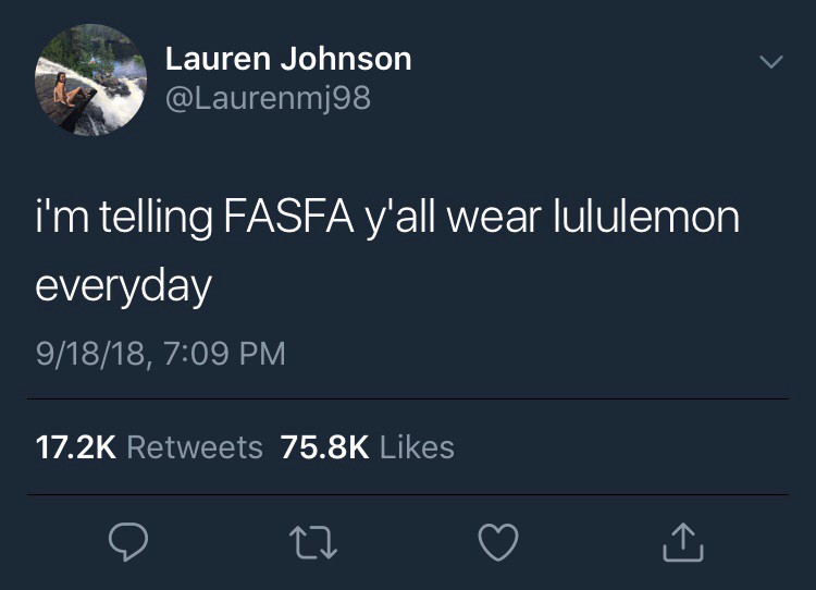 Wednesday meme of someone threatening to tel Fasfa that you wear lululemon everyday