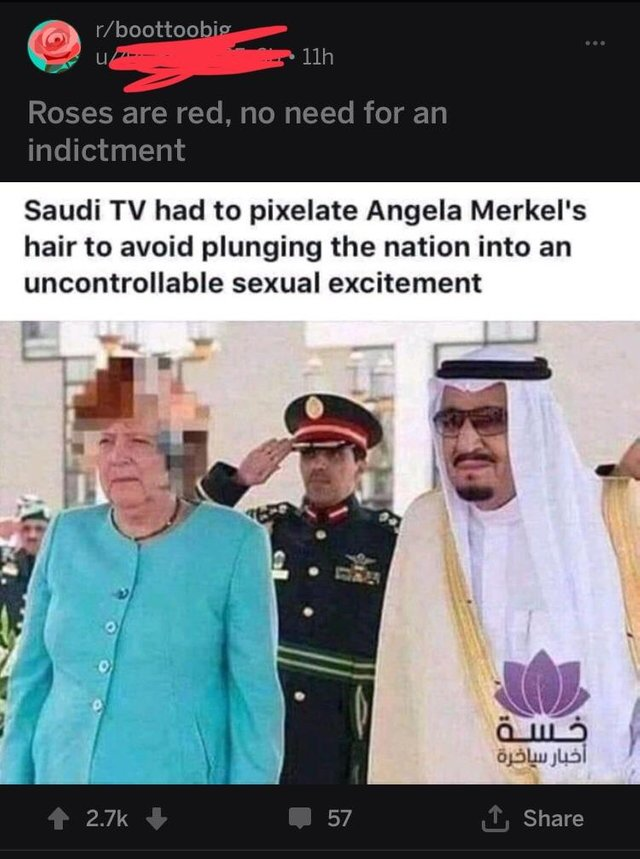 Wednesday meme of Boot Too Big rhyme of when Saudi TV pixelated Angela Merkel's hair