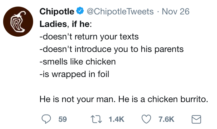 twitter meme chipotle twitter meme - Chipotle ~ Nov 26 Ladies, if he doesn't return your texts doesn't introduce you to his parents smells chicken is wrapped in foil He is not your man. He is a chicken burrito. 9 59 22
