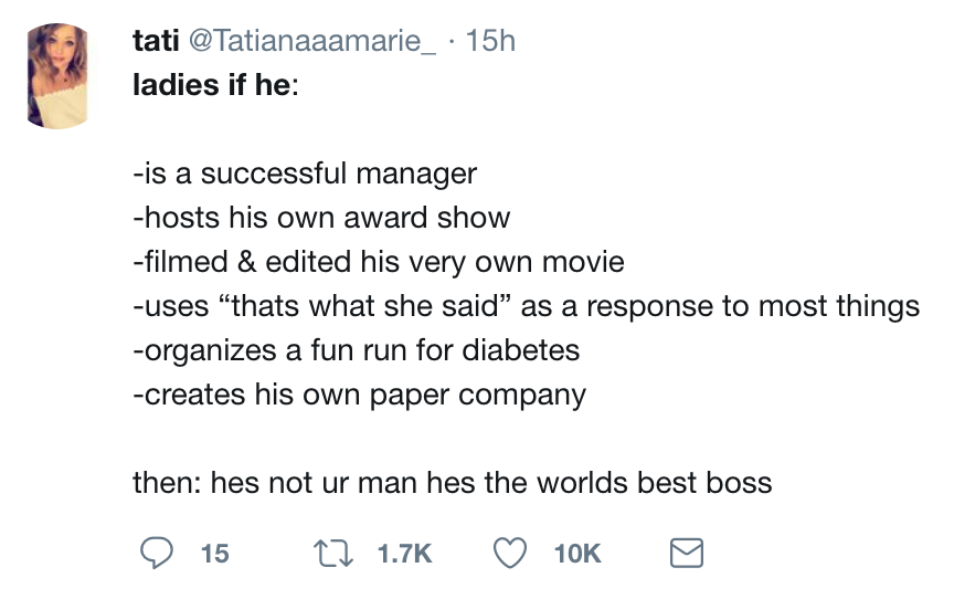 twitter meme document - tati 15h ladies if he is a successful manager hosts his own award show filmed & edited his very own movie uses thats what she said" as a response to most things organizes a fun run for diabetes creates his own paper company then he