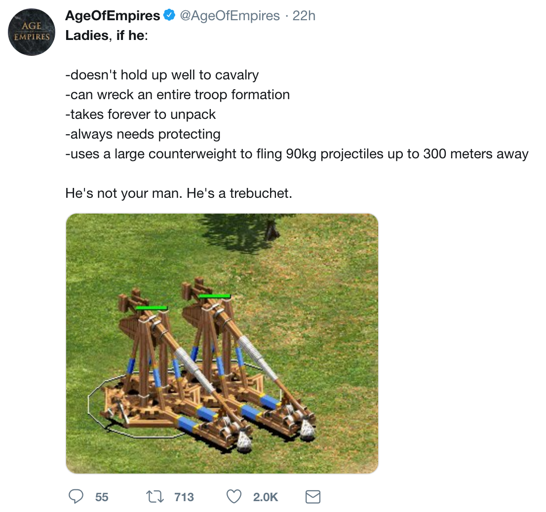 twitter meme trebuchet aoe 2 - 22h Age Empires Age Of Empires Ladies, if he doesn't hold up well to cavalry can wreck an entire troop formation takes forever to unpack always needs protecting uses a large counterweight to fling 90kg projectiles up to 300 