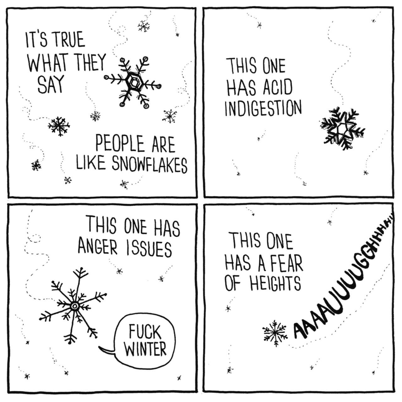 memes - snowflakes are like people comic - It'S True What They X ve Sayo to This One Has Acid Indigestion People Are Snowflakes This One Has Anger Issues This One Has A Fear Of Heights I Fuck Winter Aaaauuudos