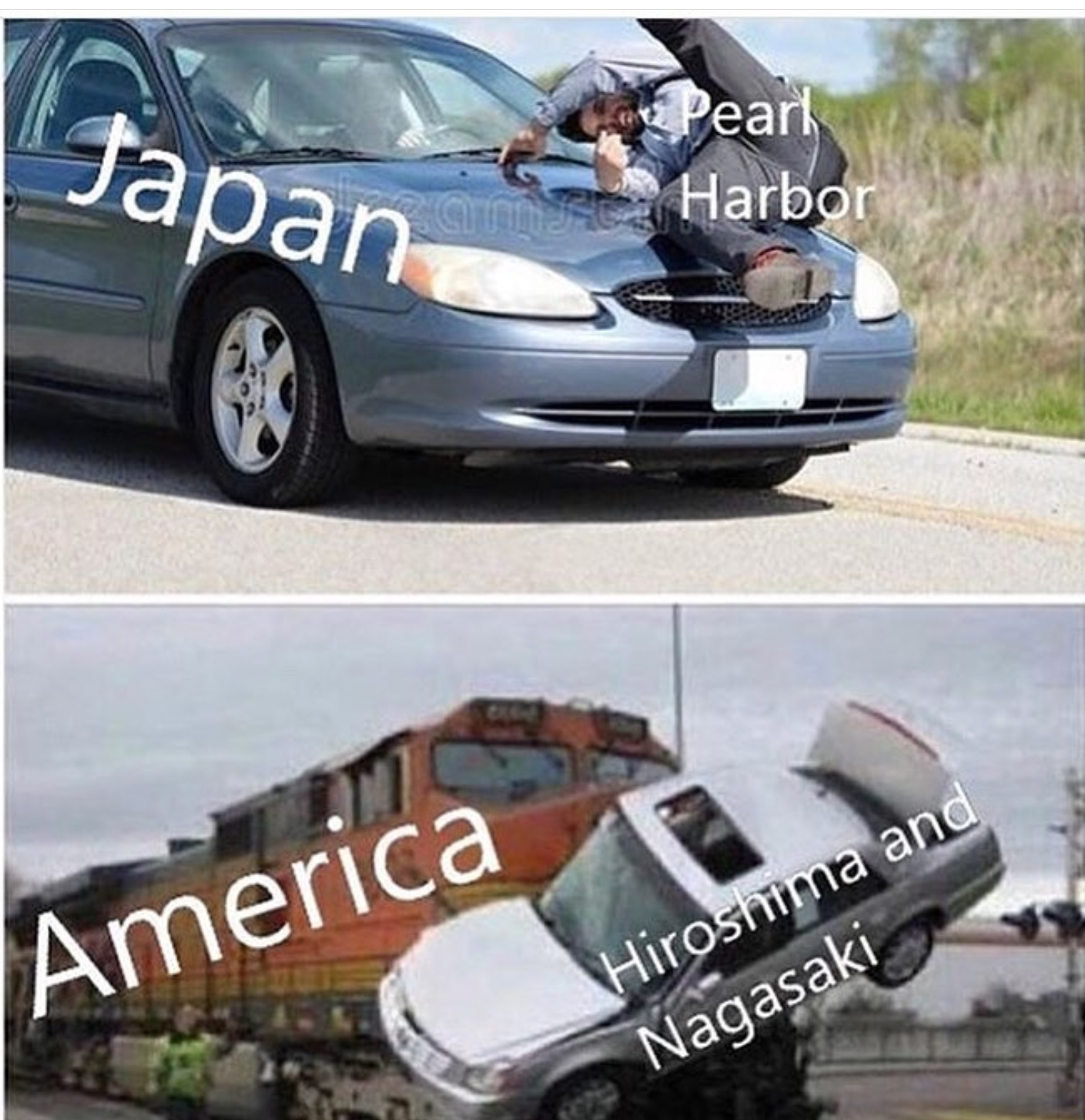 Offensive meme of a man getting hit by a car and then a car getting hit by a train