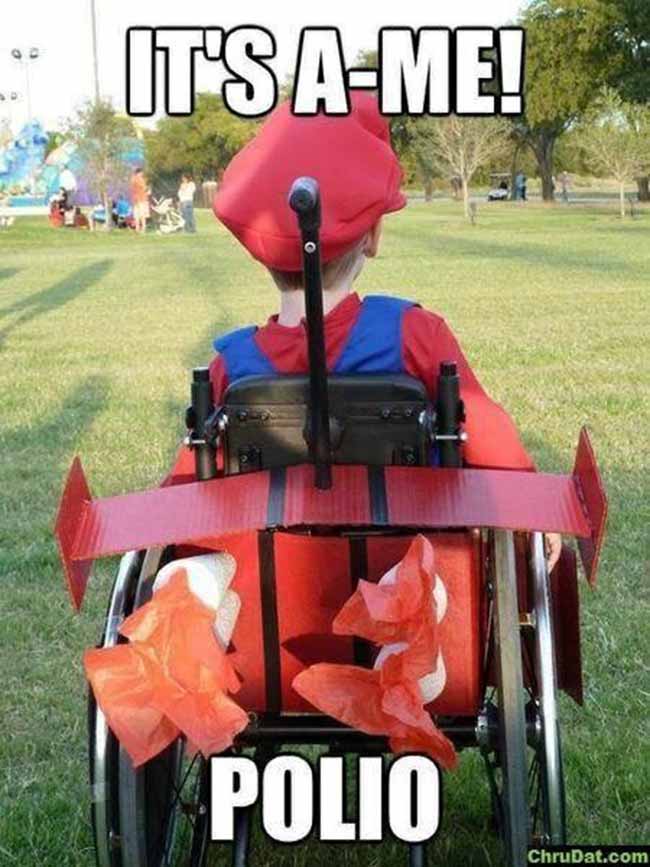 Offensive meme of a kid doing cosplay of Mario in a wheelchair and the caption 'itsa me, polio'