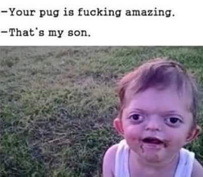 Offensive meme of a weird looking kid and the caption 'your pug is fucking amazing'