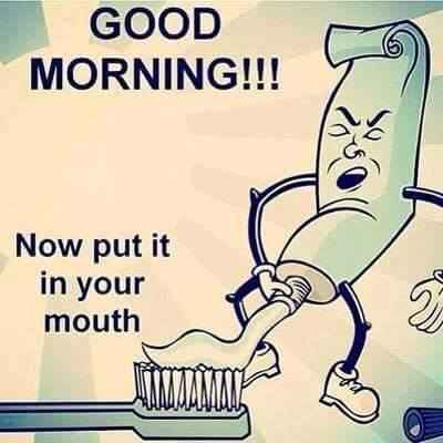 Offensive meme of a toothbrush squeezing out toothpaste on a toothbrush and the text 'good morning, now put it in your mouth'