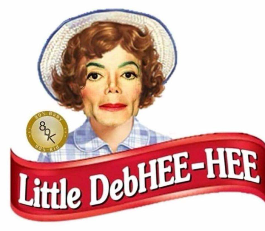 Offensive meme of Michael Jackson as Little Debby with the text 'little debhee-hee'