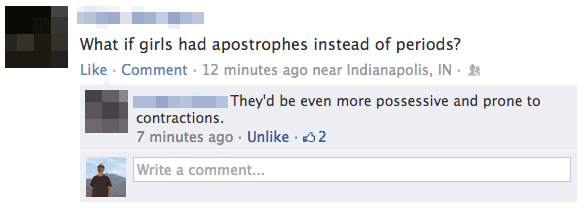 titanic facebook - What if girls had apostrophes instead of periods? Comment . 12 minutes ago near Indianapolis, In They'd be even more possessive and prone to contractions. 7 minutes ago Un 2 Write a comment...