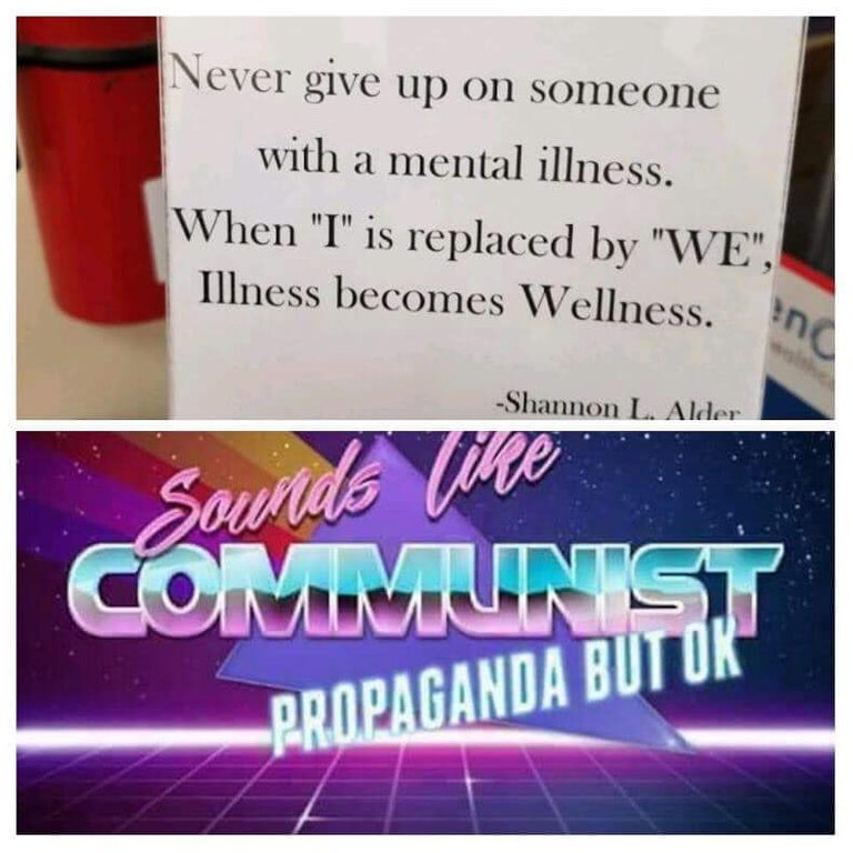 dank meme Internet meme - Never give up on someone with a mental illness. When "I" is replaced by "We", Illness becomes Wellness. Shannon L. Alder Sourido Cup Ommunst Propaganda But Ok