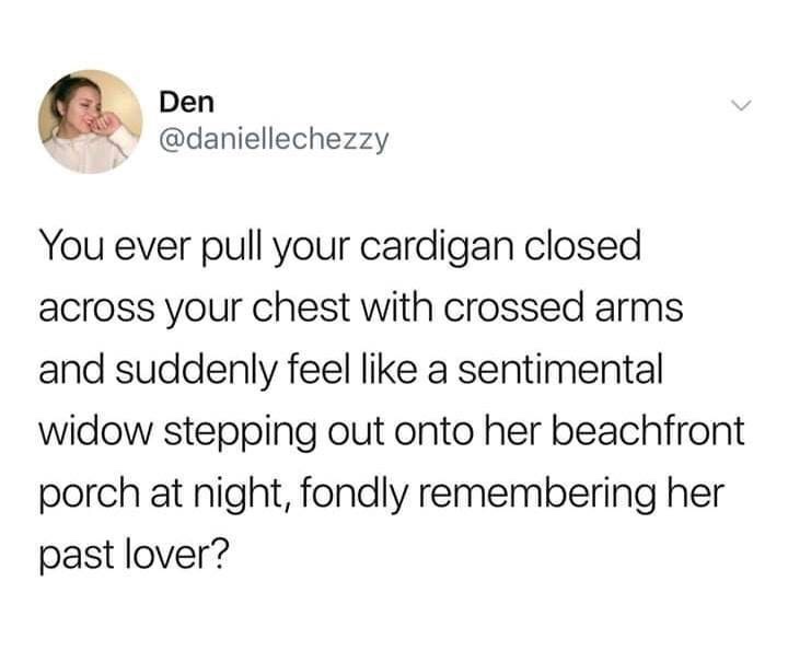 memes - harold they re lesbians - Den You ever pull your cardigan closed across your chest with crossed arms and suddenly feel a sentimental widow stepping out onto her beachfront porch at night, fondly remembering her past lover?