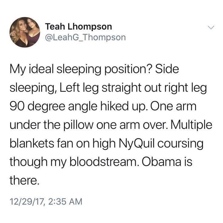 memes - devolution of rap - Teah Lhompson My ideal sleeping position? Side sleeping, Left leg straight out right leg 90 degree angle hiked up. One arm under the pillow one arm over. Multiple blankets fan on high NyQuil coursing though my bloodstream. Obam