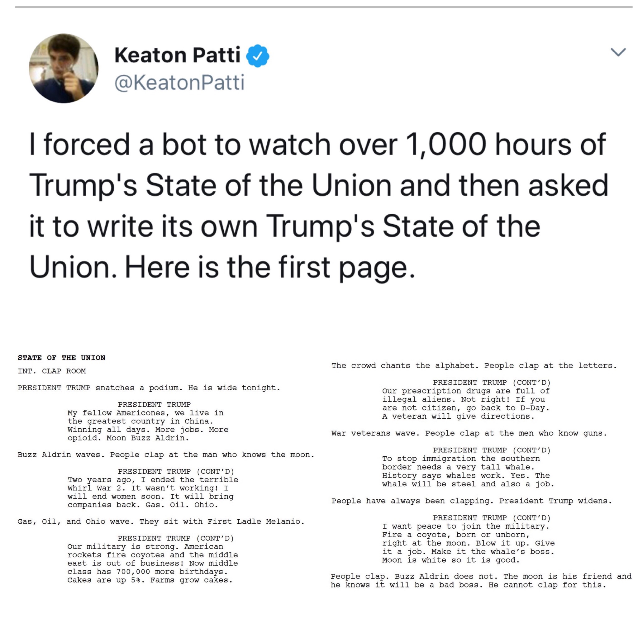 memes - document - Keaton Patti I forced a bot to watch over 1,000 hours of Trump's State of the Union and then asked it to write its own Trump's State of the Union. Here is the first page. The crowd chanta t State Union Int. Cap Room President Trump At a