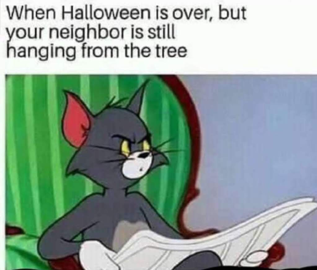 memes - you hear the toilet flush - When Halloween is over, but your neighbor is still hanging from the tree