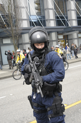 The police showed up with M-16 assault rifles to break up a protest.