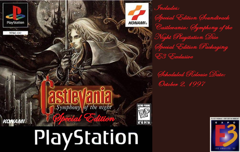 Special pre-release E3 special edition of Symphony of the Night. Press- release only, includes long box, demo disc, and soundtrack. Notice European box art.
