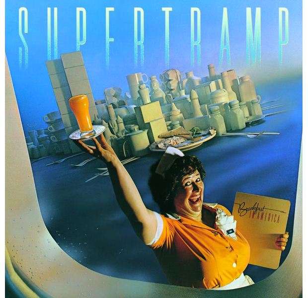 6. SUPERTRAMP // BREAKFAST IN AMERICA

The album cover for Supertramp's Breakfast in America features a waitress named Libby posing as the Statue of Liberty with a menu and a glass of orange juice on a tray. In the background, what at first glance appears to be the Manhattan skyline is actually cereal boxes, salt and pepper shakes, cutlery, mugs, and various kitchen items made up to look like New York City. Supertramp won a Grammy Award for Best Recording Package for Breakfast in America in 1980.