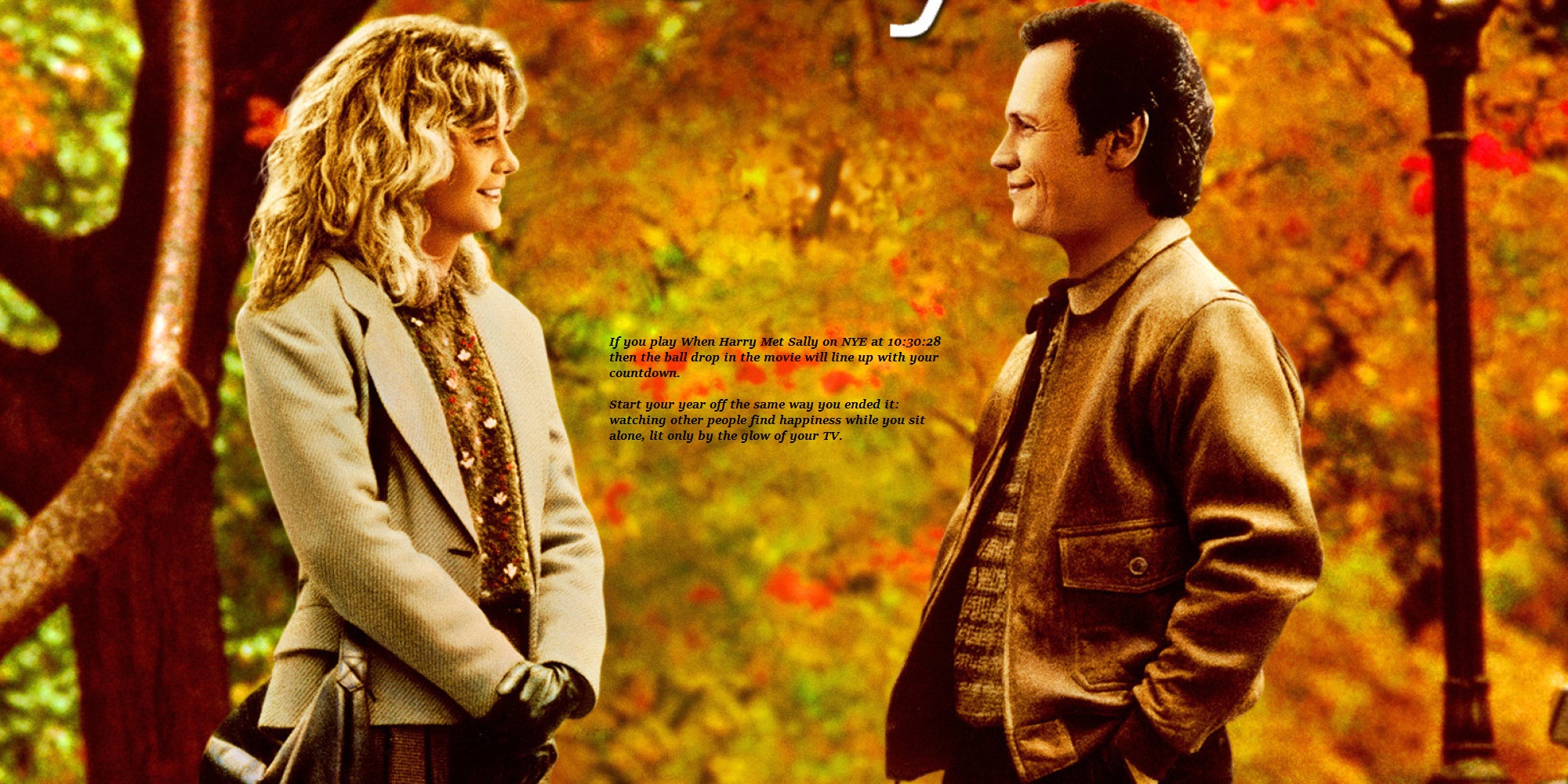 If you play When Harry Met Sally on NYE at 10:30:28 then the ball drop in the movie will line up with your countdown. 

Start your year off the same way you ended it: watching other people find happiness while you sit alone, lit only by the glow of your TV.