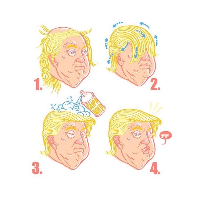 4 panel infographic showing how Donald Trump's comb-over works.