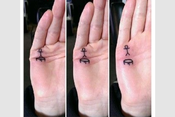random 3 panel meme of a stick figure on a trampoline tattooed onto someone hand to look like it is jumping