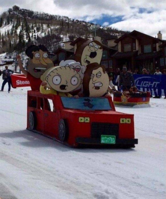 random picture of snow car made to look like angry Family Guy characters