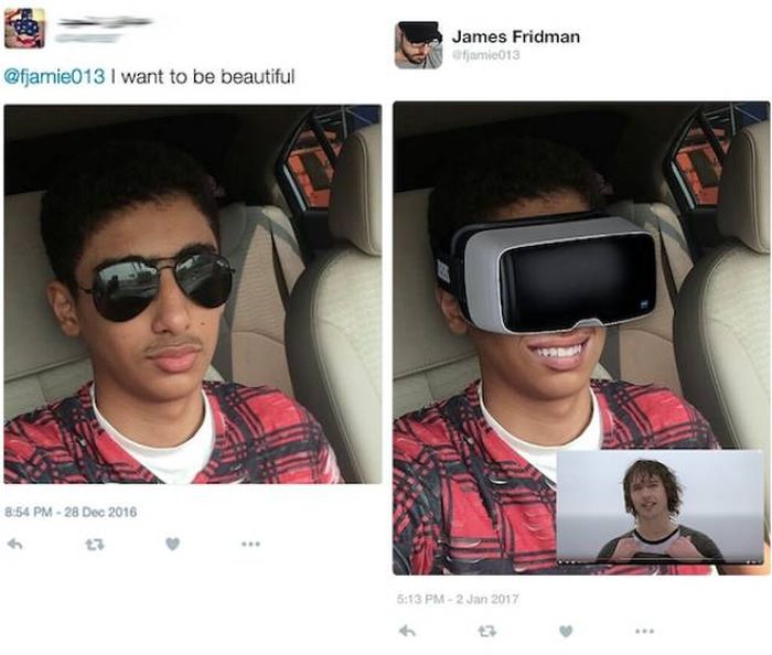 random picture of someone saying he wants to be beautiful and then he puts on VR goggles