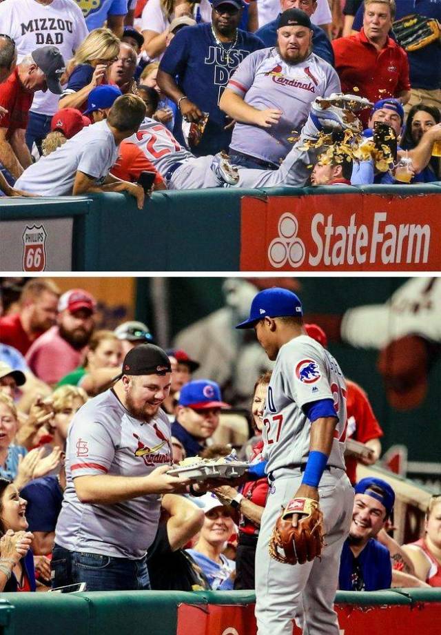 random pic of baseball player knocking over a fan's chips and buying him a new one
