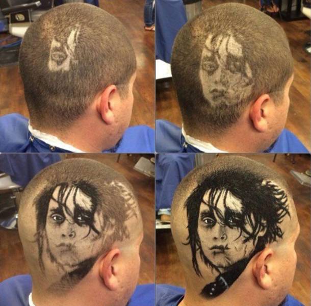 4 panel progression of carving in Edward Scissorhands onto someones hair