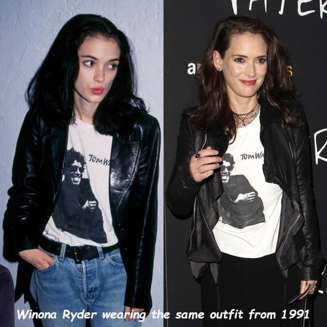 random picture of Winona Ryder wearing the same outfit almost 30 years apart