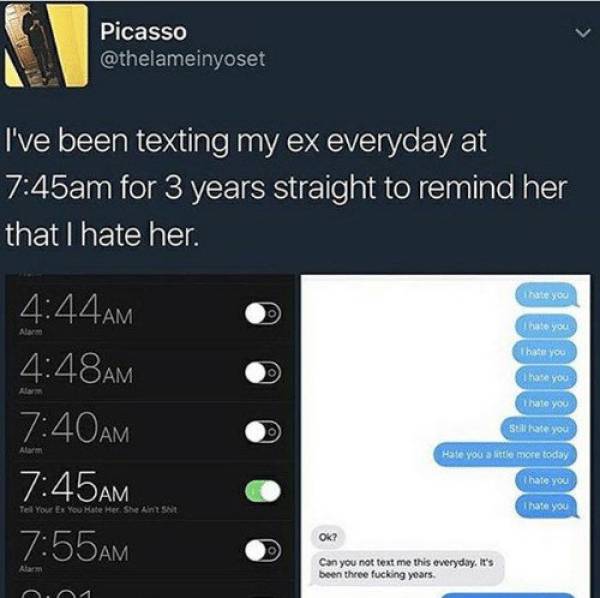 funny picture of a person's alarm to remind them to text their ex
