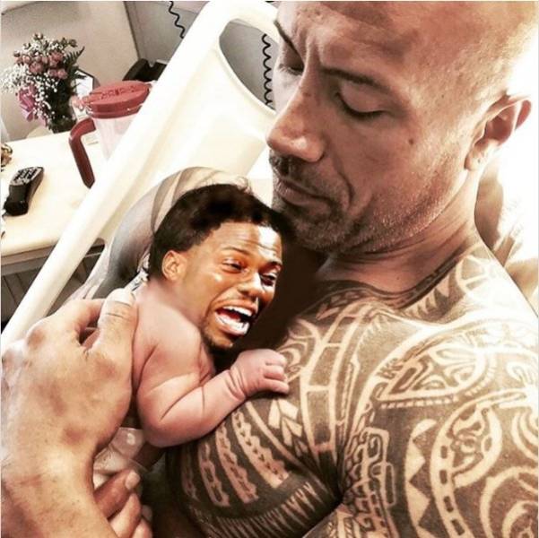 a meme with the rock holding kevin hart as his newborn  baby