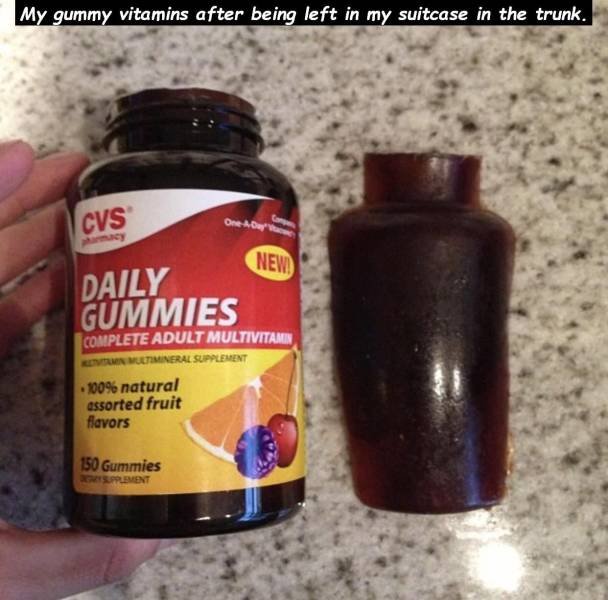 dietary supplement - My gummy vitamins after being left in my suitcase in the trunk, Cvs One A Day New Daily Gummies Complete Adult Multivitamin Un Multimineral Supplement 00% natural assorted fruit flavors 150 Gummies Asupplement