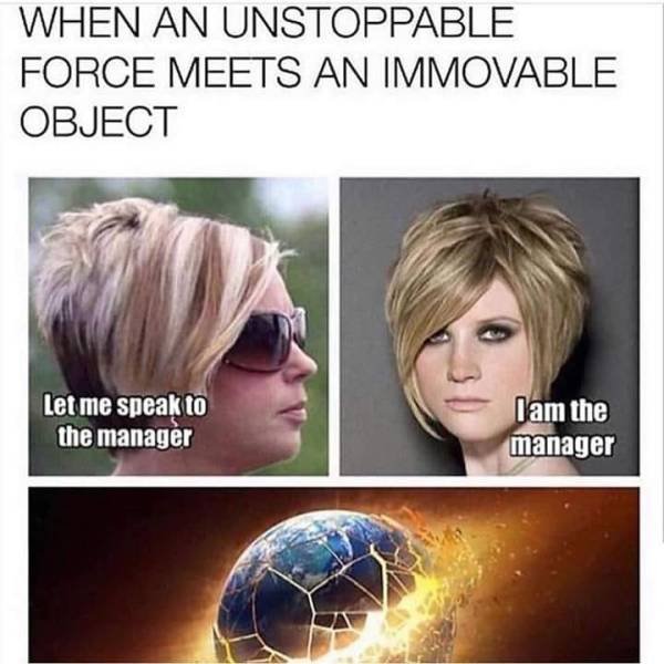 karen meme - When An Unstoppable Force Meets An Immovable Object Let me speak to the manager lam the manager